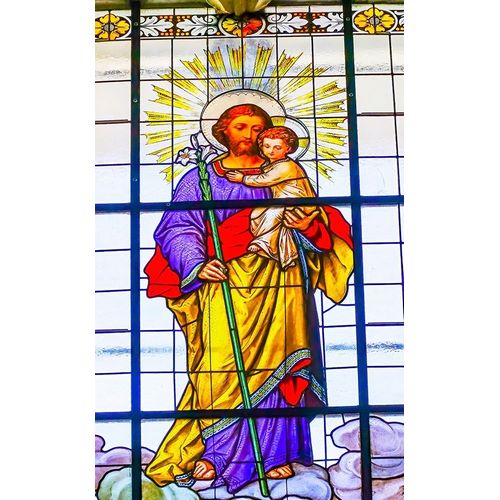 Colorful Saint Joseph Father Baby Jesus Lily Stained glass Cathedral Puebla-Mexico